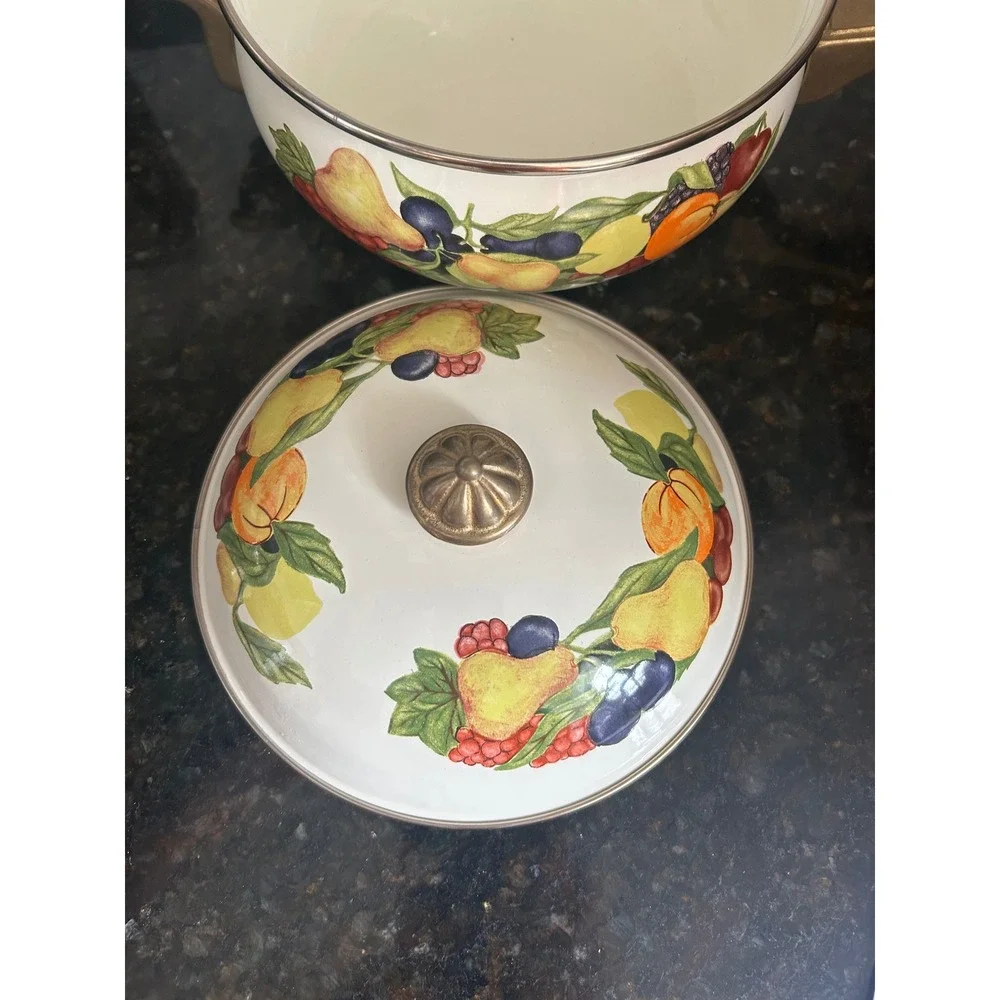 Regency Club Enamelware Saucepan with Lid Fruit Motif Gold Handles Vintage Style